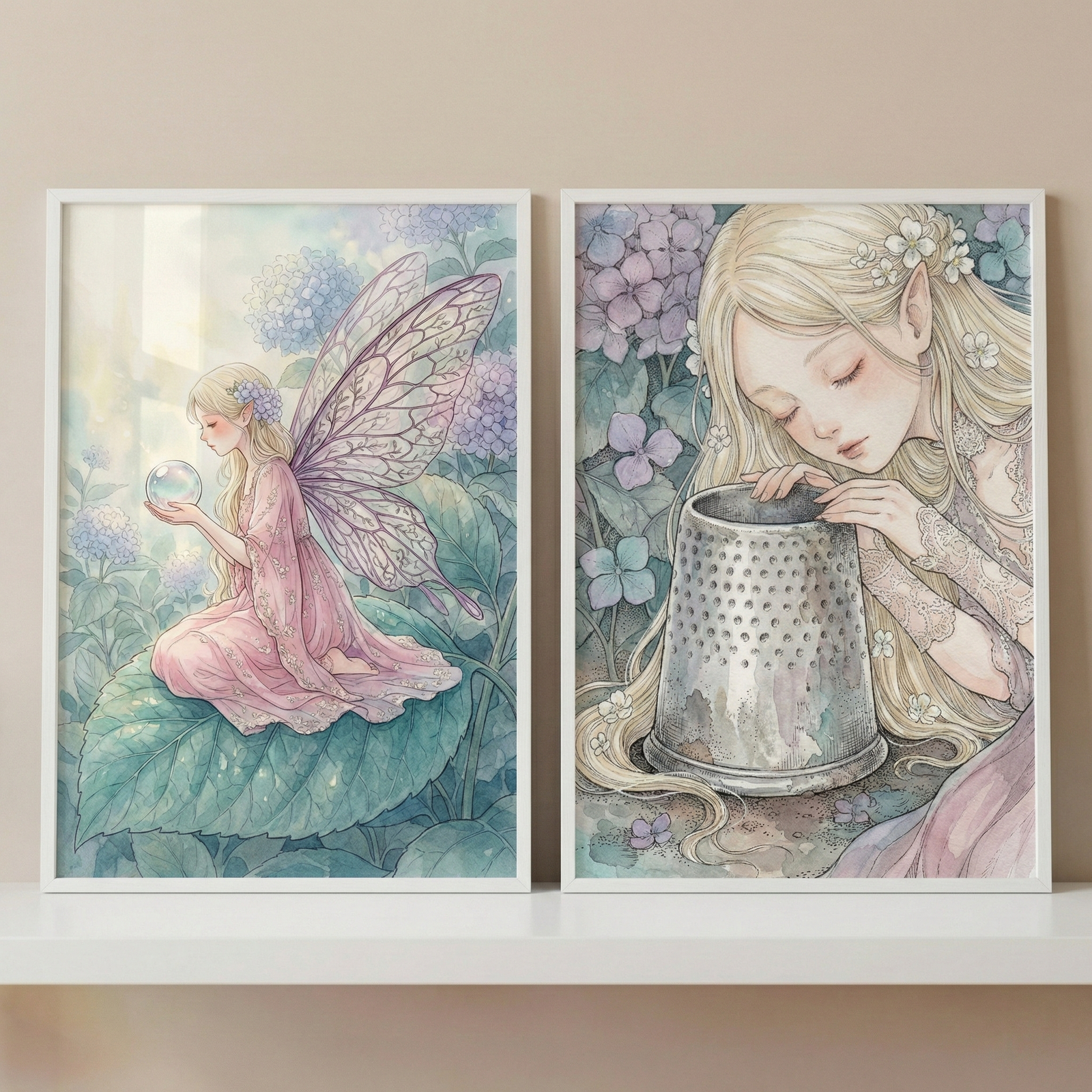 Two framed watercolor-style illustrations rest on a white shelf against a plain wall. The left piece shows a small winged figure with long blonde hair and a flowing pink dress seated on a large, dew-flecked green leaf. She holds a clear sphere, surrounded by soft blue and purple hydrangea blossoms. The right piece is a close-up of a similar fair-haired character with pointed ears leaning gently over a weathered metal thimble. Both works feature soft pastel colors and an ethereal aesthetic.