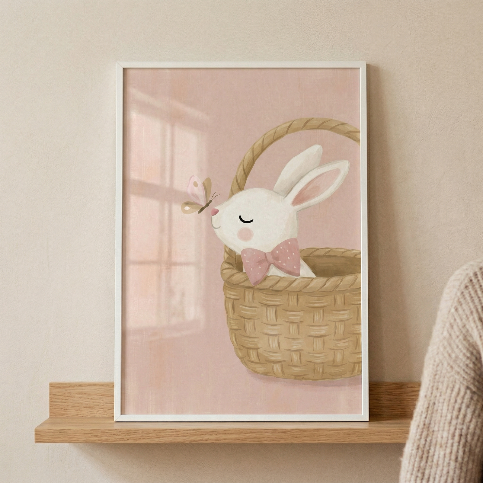 A vertical illustration features a small, white rabbit sitting inside a woven wicker basket. The rabbit has a gentle expression with its eyes closed and is looking at a delicate pink butterfly that has landed near its nose. It wears a soft pink bow tie with white polka dots. The background is a muted pink with a subtle window reflection. The artwork is held in a simple white frame, which sits on a light-colored wooden ledge against a neutral wall.