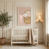 This image showcases a serene and elegantly designed nursery. In the center is a classic white wooden crib, neatly made with a neutral-toned mattress. Draped over the side of the crib is a thick, cream-colored knit blanket.

Above the crib, a large framed artwork serves as a focal point. The illustration features a charming white rabbit with a small pink bow, nestled inside a woven basket. The rabbit has its eyes closed and is accompanied by a delicate butterfly, set against a soft pink background.
