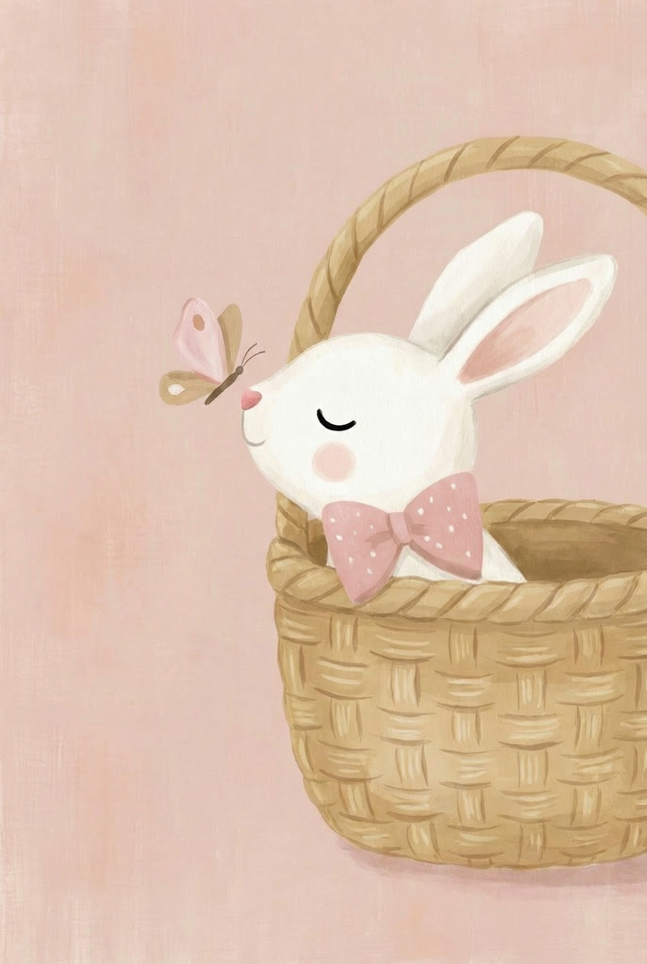 White bunny sitting inside a woven basket with eyes closed, wearing a pink bow tie while a butterfly rests on its nose. The soft pink background and cozy composition create a calm and gentle atmosphere.

