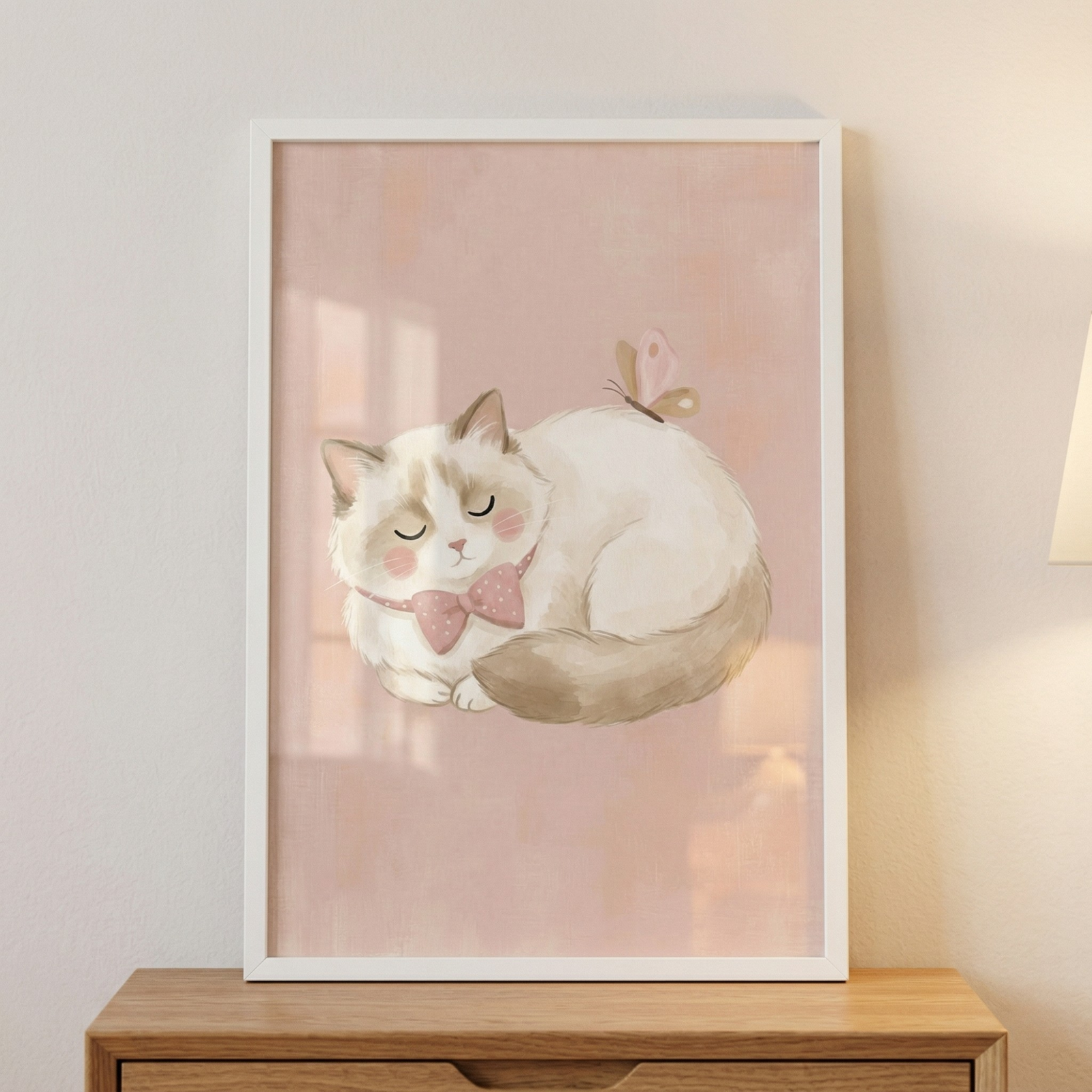 A vertical framed illustration sits on a wooden surface against a neutral wall. The artwork features a cute, fluffy cat with cream-colored fur and light brown markings on its ears and tail, curled up in a peaceful sleeping position. The cat has soft pink cheeks and wears a pink bow tie with white polka dots around its neck. 
