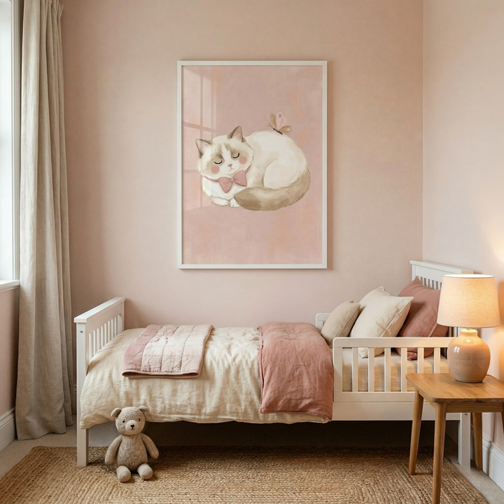 A serene child's room features soft pink walls and a natural jute rug. A white wooden toddler bed is neatly made with cream and rose-colored bedding, including several plush pillows. On the wall above hangs a large framed illustration of a sleeping cat with a pink bow and a butterfly. A small brown teddy bear sits on the floor near the foot of the bed. 