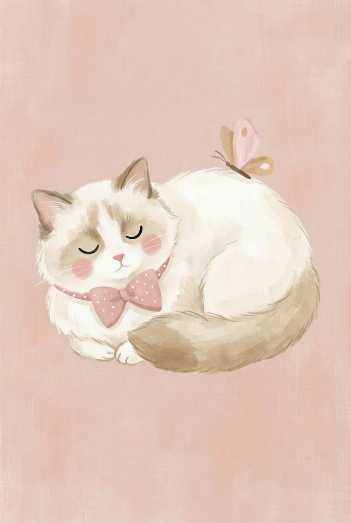 Fluffy cat curled up sleeping with a pink bow tie, a butterfly resting on its back against a soft pink background. The cozy pose creates a calm and soothing atmosphere.
