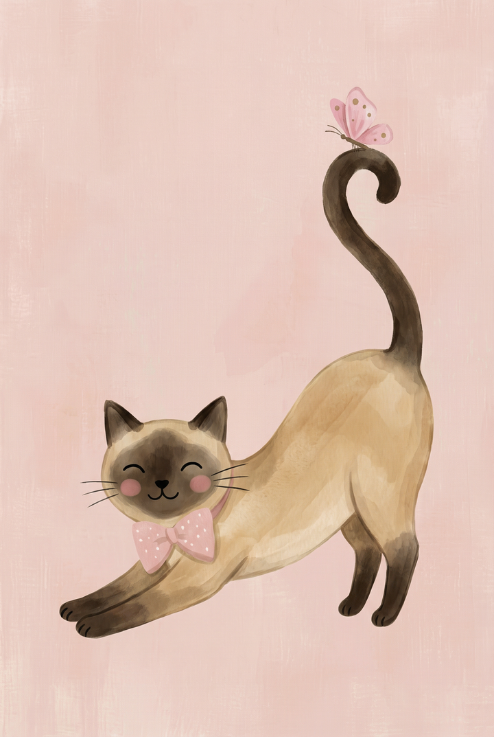 Siamese cat stretching forward with tail raised and eyes closed, wearing a pink bow tie with a butterfly perched on its tail. The pose conveys a gentle stretch in a calm setting.
