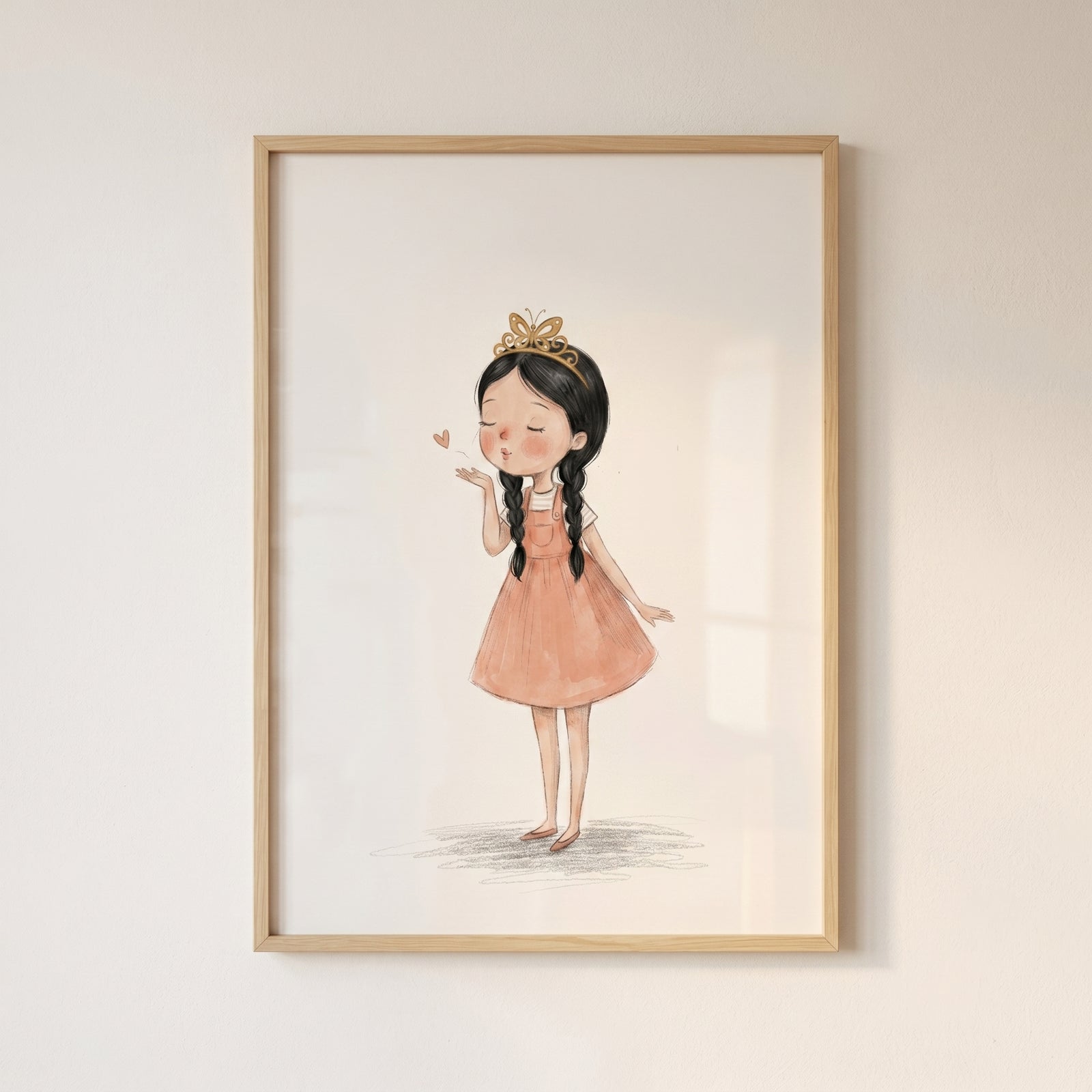 Framed butterfly tiara braided girl artwork features a girl in a peach dress blowing a small heart kiss.