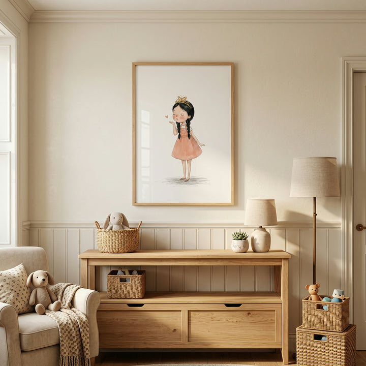 Butterfly tiara braided girl artwork hangs above a wood console in a neutral nursery with an armchair and woven baskets.