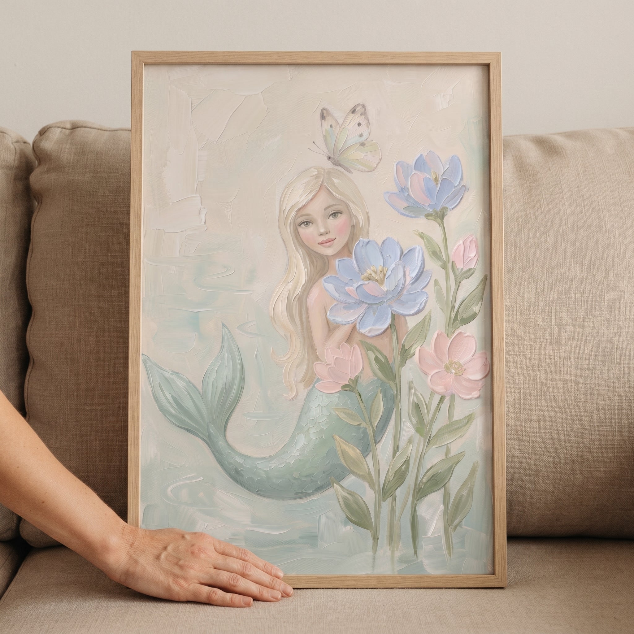 Butterfly Topped Blonde Mermaid Wall Art - Floral Sea Spirit