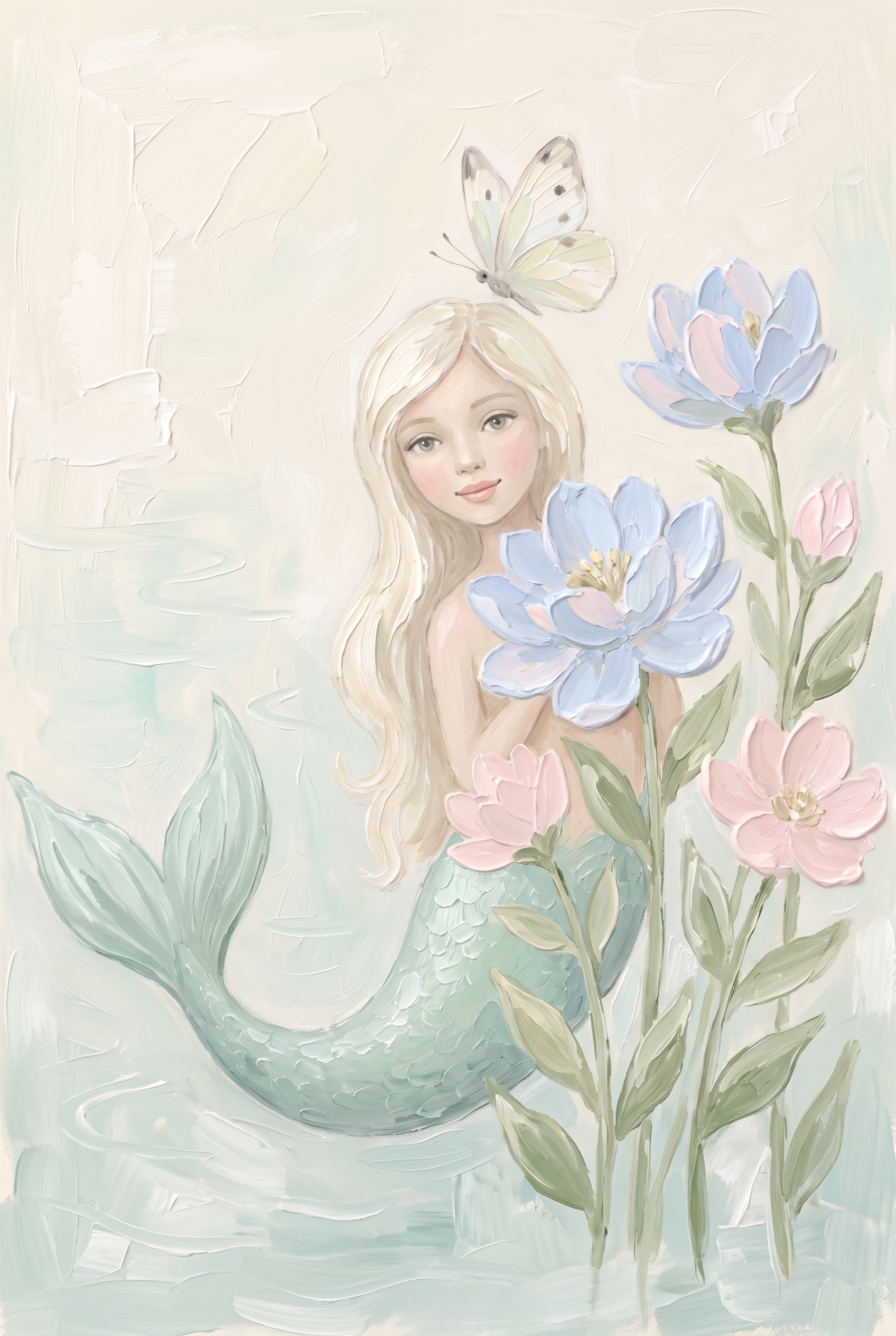Butterfly Topped Blonde Mermaid Wall Art - Floral Sea Spirit
