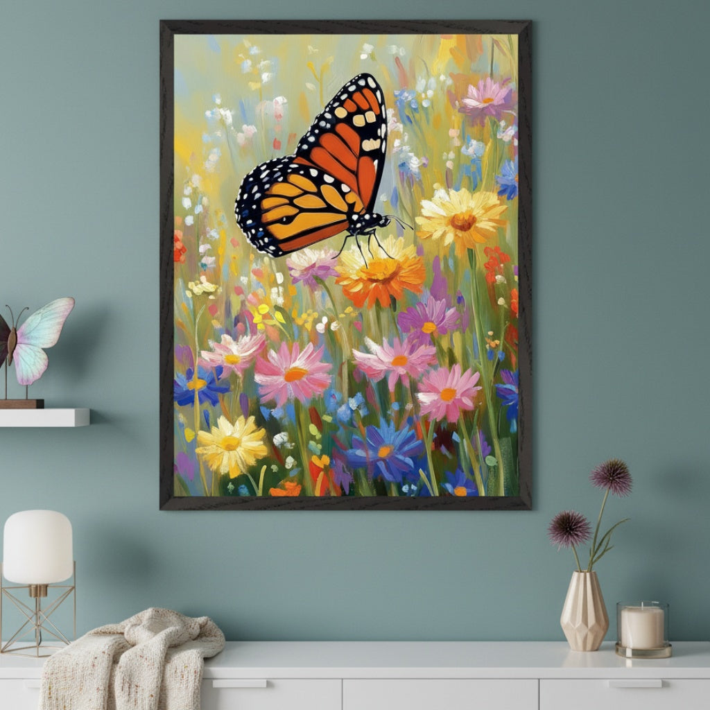 Modern room with a large framed oil painting of a monarch butterfly on vibrant, impressionistic wildflowers, centered above a white dresser.