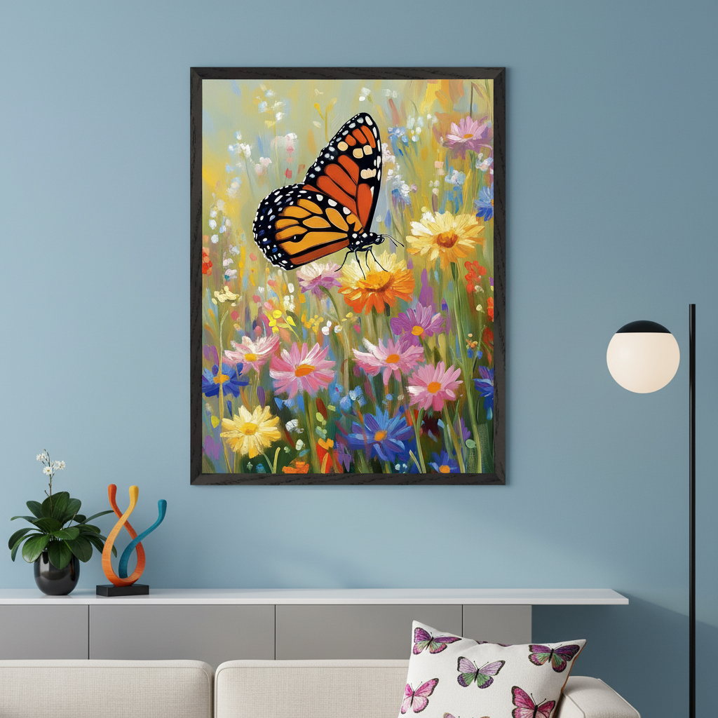 Modern living room with a light gray sofa and console table. A large framed painting of a monarch butterfly on colorful impressionistic flowers is centered above the console table and sofa.