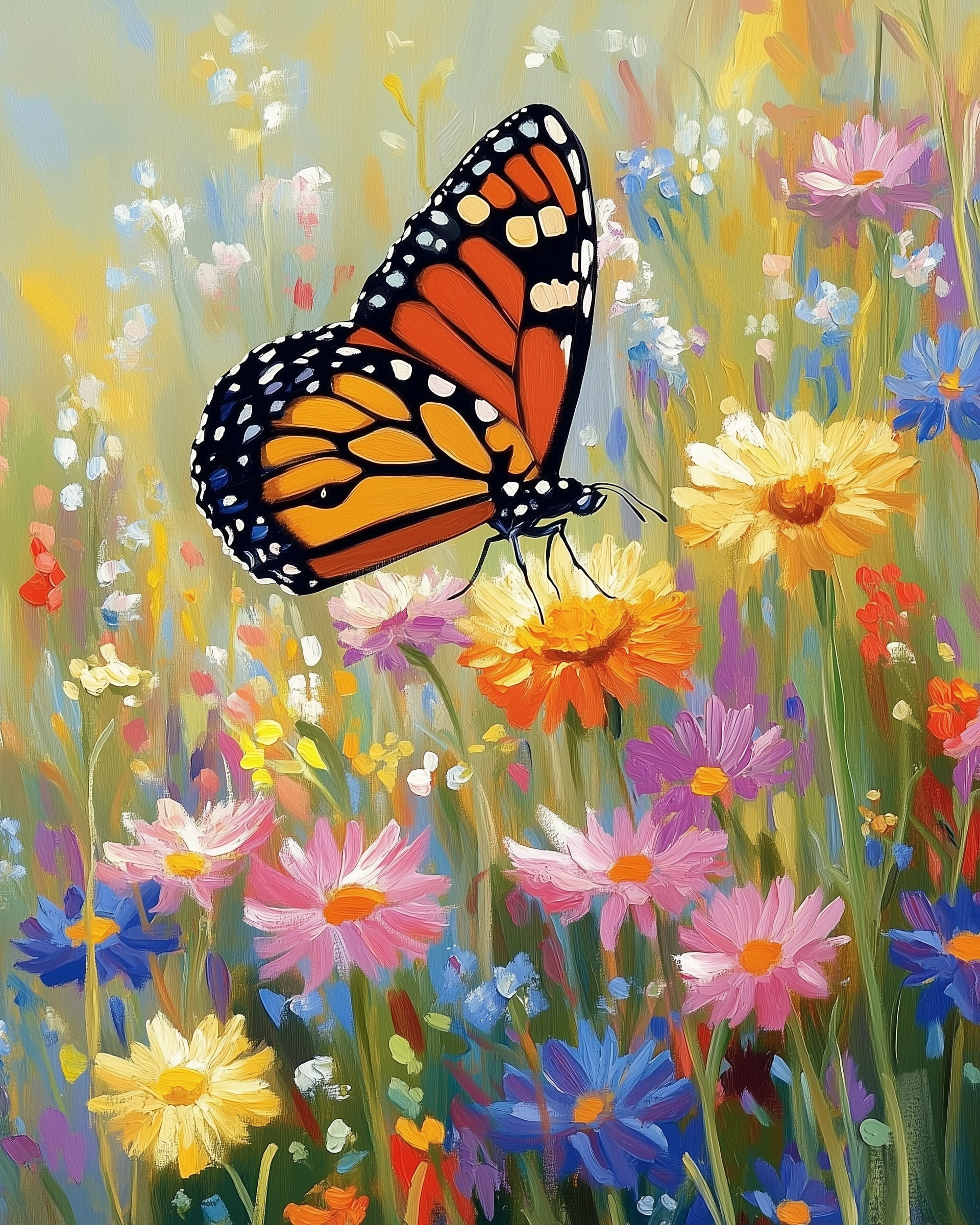 A vibrant painting depicts a monarch butterfly perched on a bright orange flower amidst a colorful field of wildflowers, including pink, blue, and yellow blooms, against a soft, blended background.