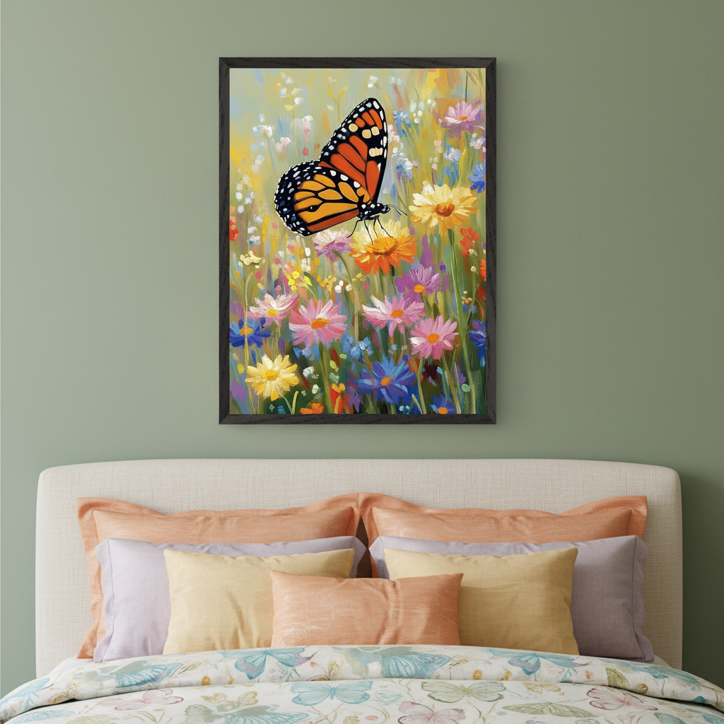 Bedroom with an upholstered headboard bed. Above it hangs a framed painting of a monarch butterfly on colorful wildflowers. The bed has peach, yellow, and lavender pillows, and a butterfly-patterned duvet.