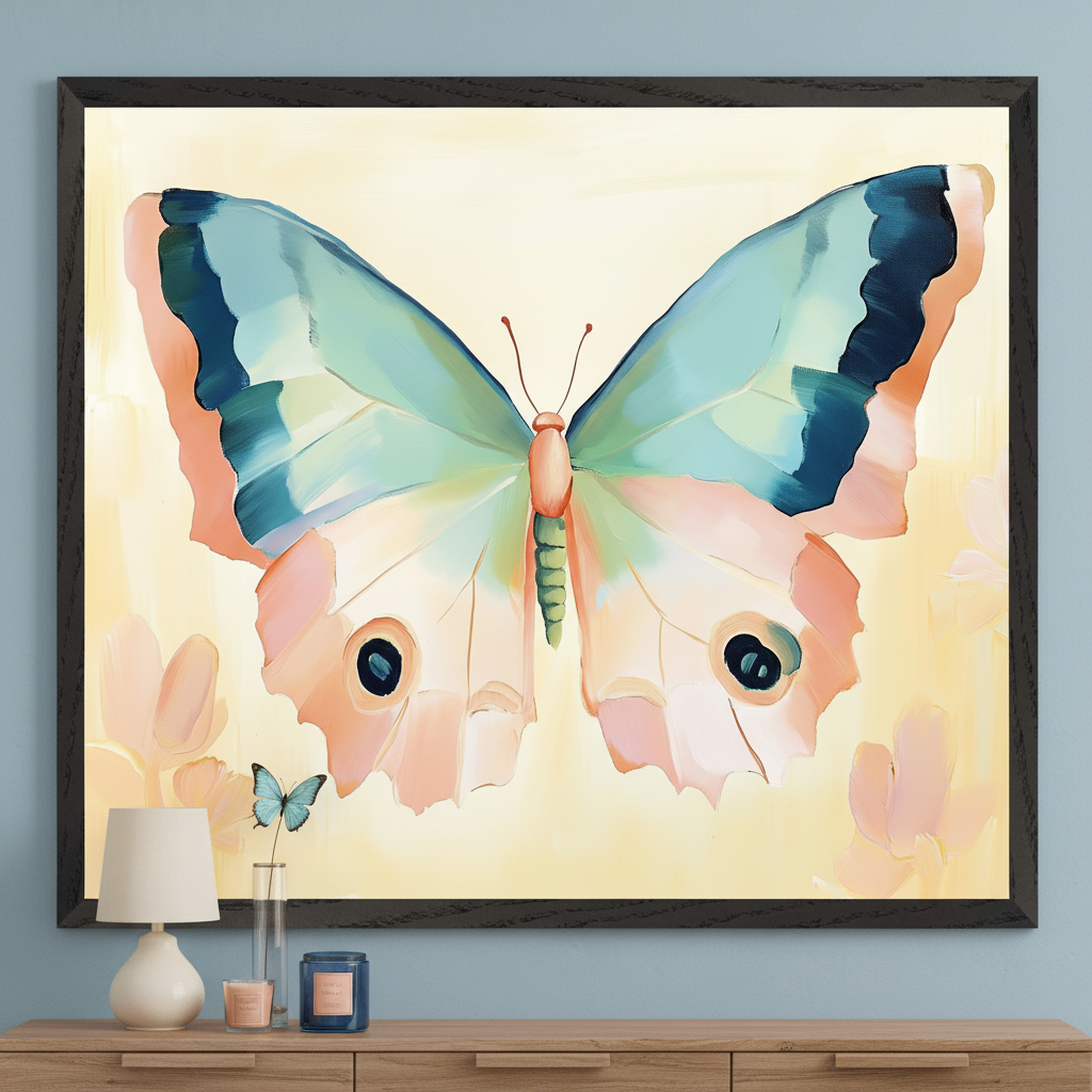 Modern room with a wooden dresser. A large framed painting of a stylized butterfly with teal upper wings and peach lower wings on a pale yellow background is centered above the dresser. A small blue butterfly in a vase, a lamp, and candles are on the dresser.