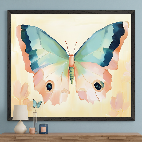 Modern room with a wooden dresser. A large framed painting of a stylized butterfly with teal upper wings and peach lower wings on a pale yellow background is centered above the dresser. A small blue butterfly in a vase, a lamp, and candles are on the dresser.