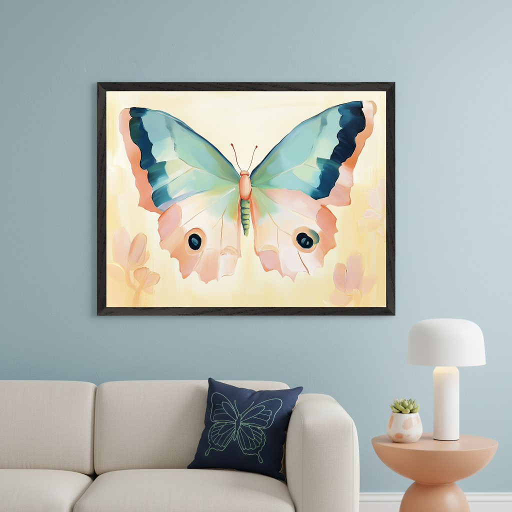 Modern living room with a light blue wall. A large black-framed painted butterfly, with blue-green and peach wings on a yellow background, hangs centered above a beige sofa. A dark blue butterfly pillow rests on the sofa. A peach side table with a white lamp is to the right.