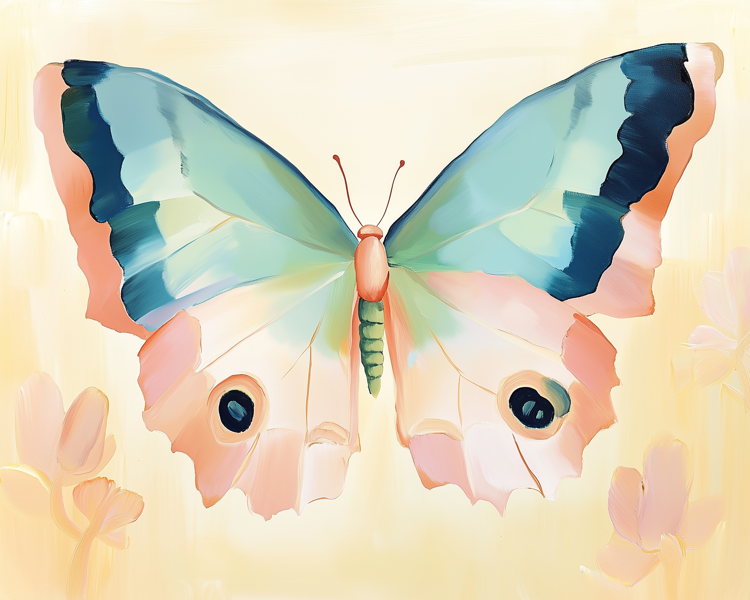 A vibrant butterfly painting with pastel wings in shades of teal, pink, and blue, featuring eye-like patterns near the edges. The background is a soft yellow with subtle flower silhouettes, enhancing the delicate, artistic feel.