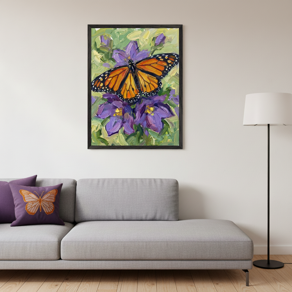 Modern living room with a light grey sectional sofa and a black floor lamp. A framed impasto painting of an orange monarch butterfly on purple flowers hangs above the sofa. A purple pillow with an embroidered butterfly is on the sofa.