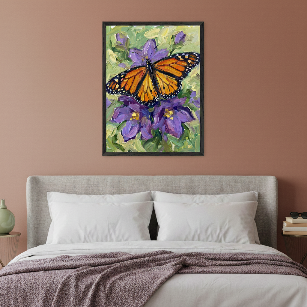 Modern bedroom with a light gray upholstered bed. A framed oil painting of an orange monarch butterfly on purple flowers hangs centered above the bed. The wall is a warm terracotta color.