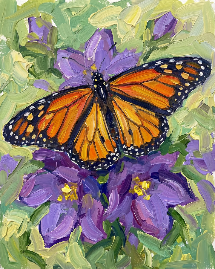 Textured painting of a monarch butterfly with bright orange and black wings perched on vivid purple flowers surrounded by green leaves. This vibrant scene captures natural wonder in a bold, joyful palette.