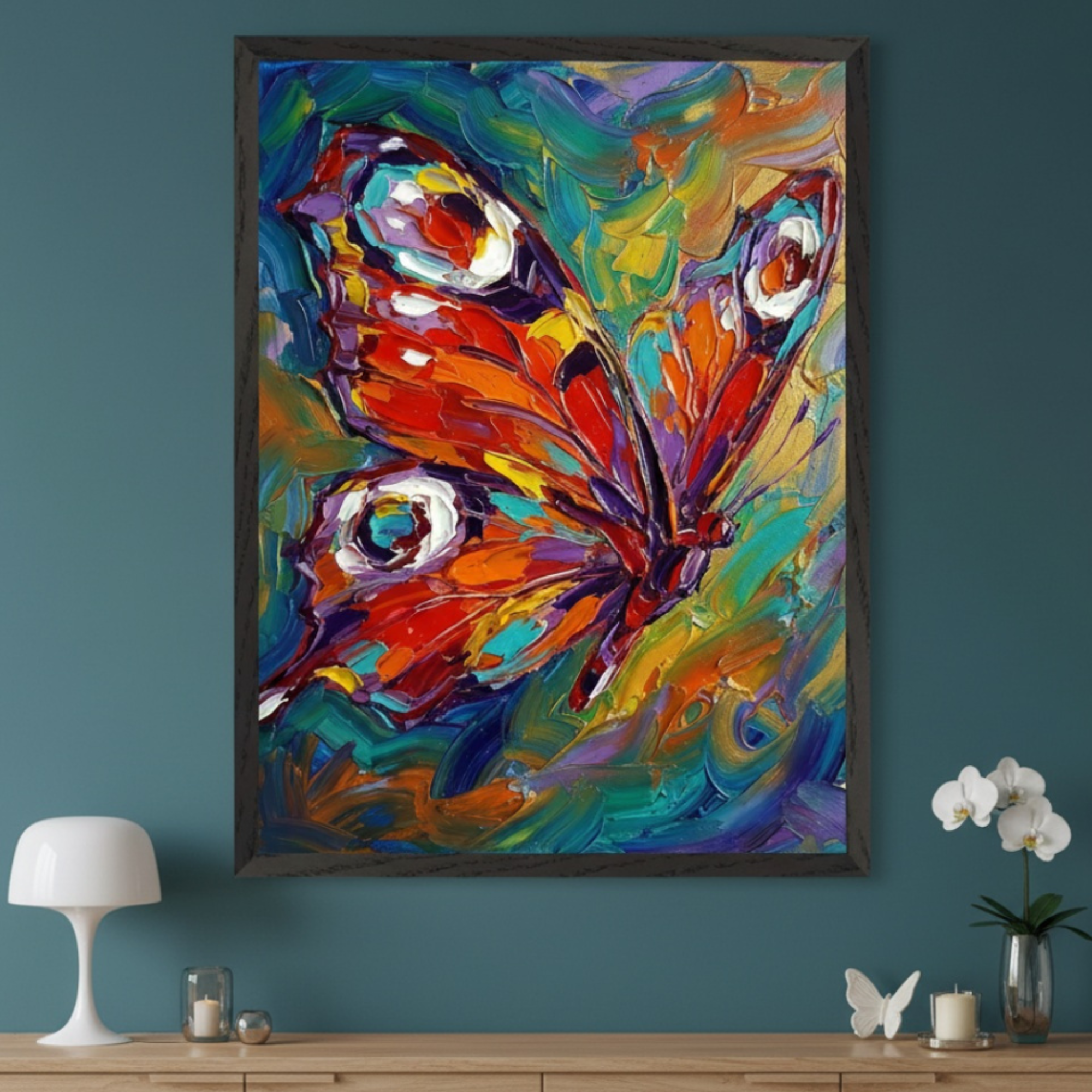 Modern room with a teal wall and a light wood dresser. A large framed, colorful impasto painting of a butterfly with orange, red, and purple wings hangs centered above the dresser.