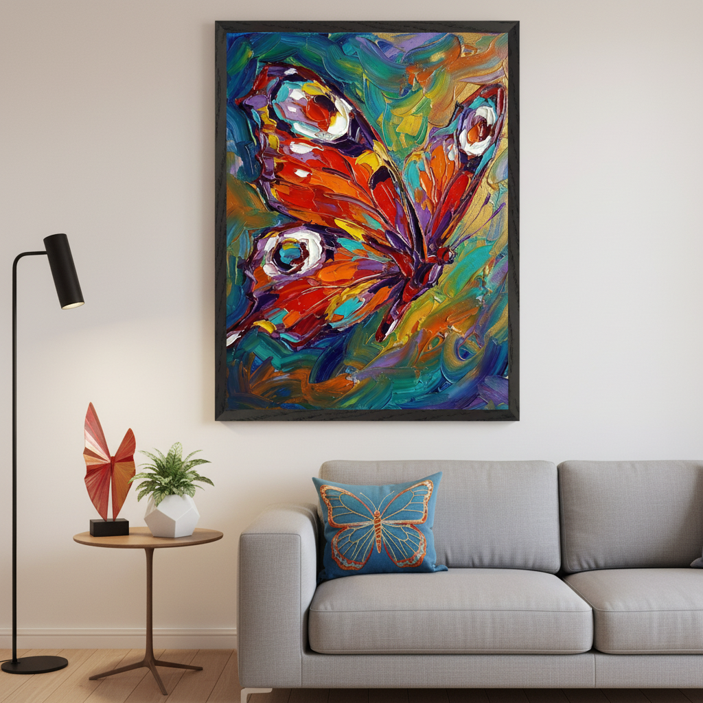 Modern living room with a gray sofa, side table, and floor lamp. A large framed impasto painting of a colorful butterfly with vibrant orange, red, blue, and green strokes hangs centered above the sofa.