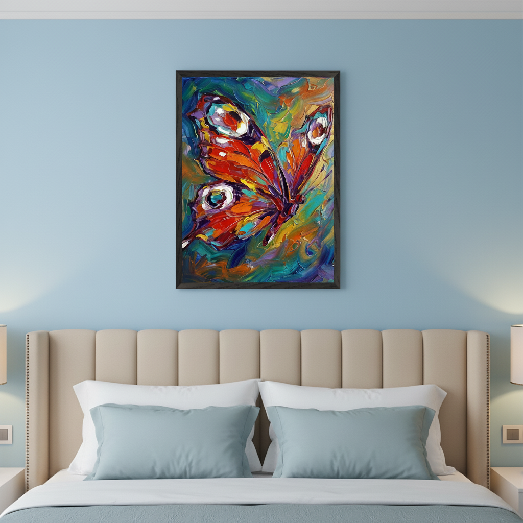 Modern bedroom with a bed featuring a beige upholstered headboard. A colorful, textured painting of a butterfly with orange, red, and yellow wings in an impasto style hangs centered above the bed on a light blue wall.