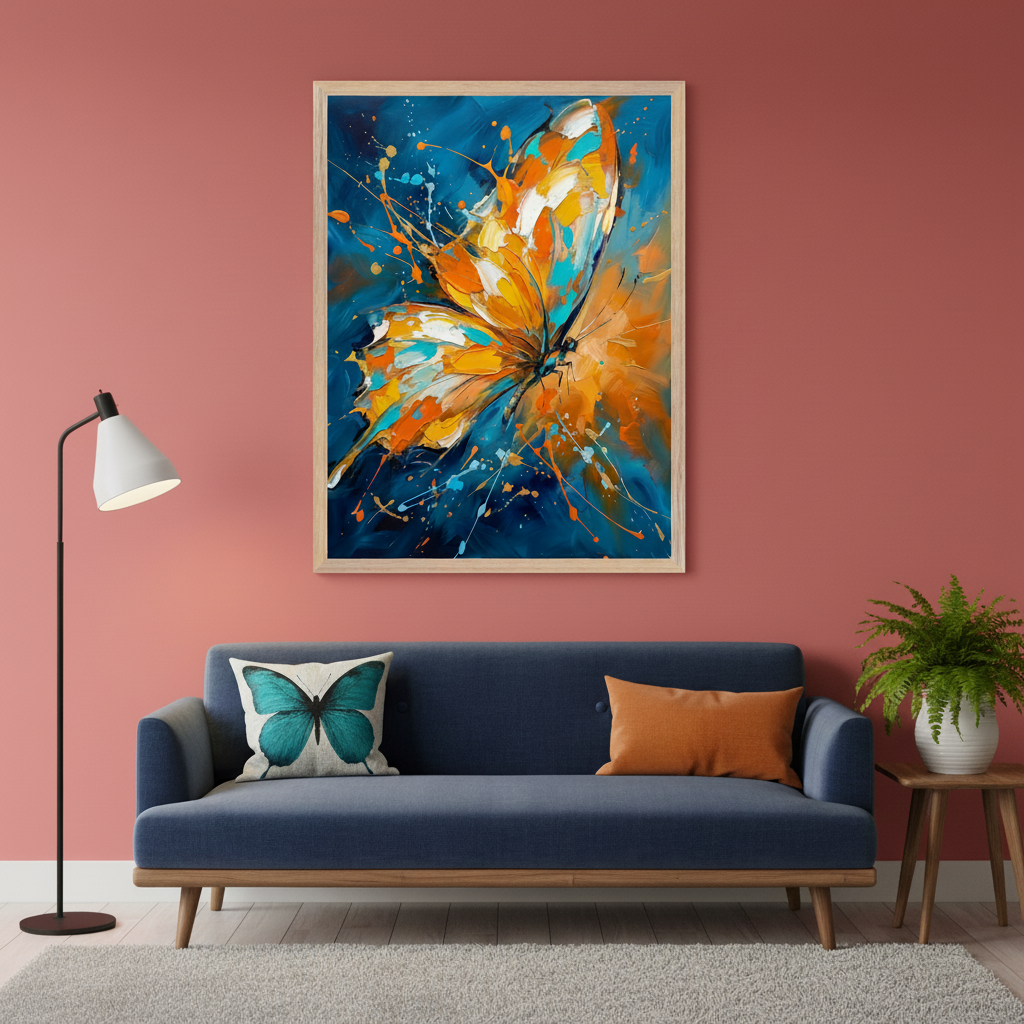 Living room with a blue sofa. A large framed abstract butterfly painting in orange, blue, and white with splatters hangs centered above the sofa. A black floor lamp is on the left, and a wooden side table with a plant is on the right.