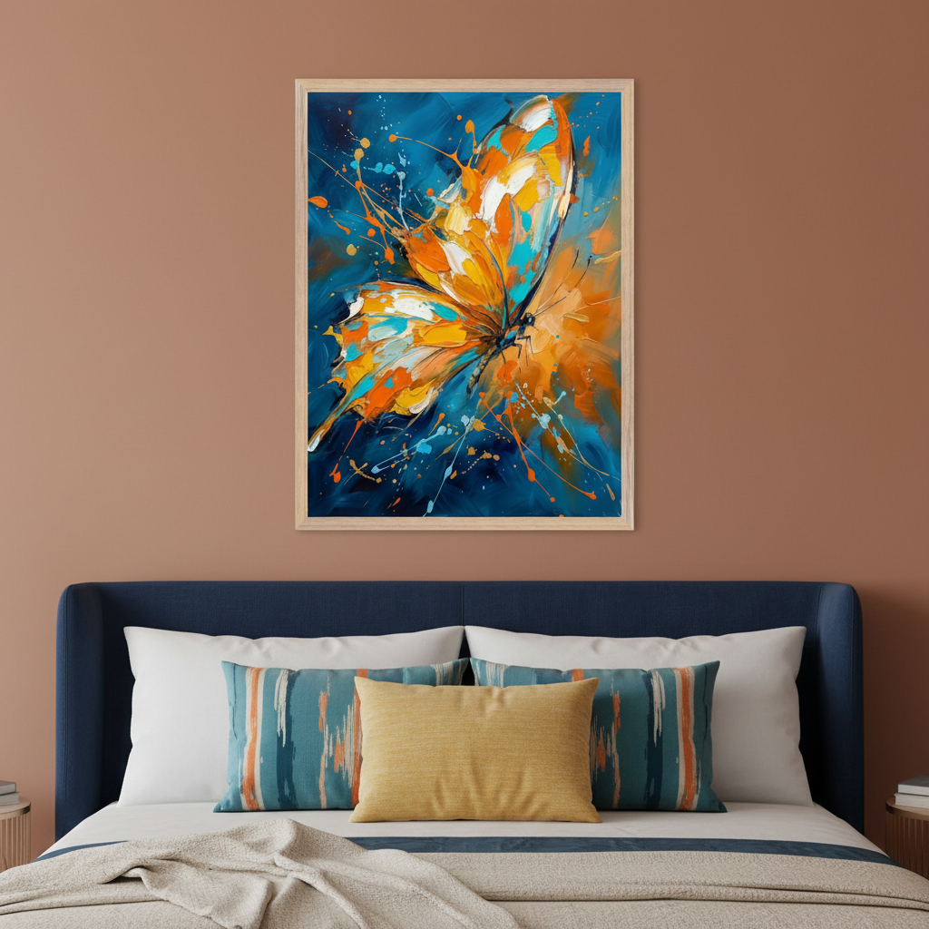 Modern bedroom with a dark blue upholstered bed. A light wood framed abstract painting of a colorful butterfly with orange, blue, and white paint splatters hangs centered above the bed.