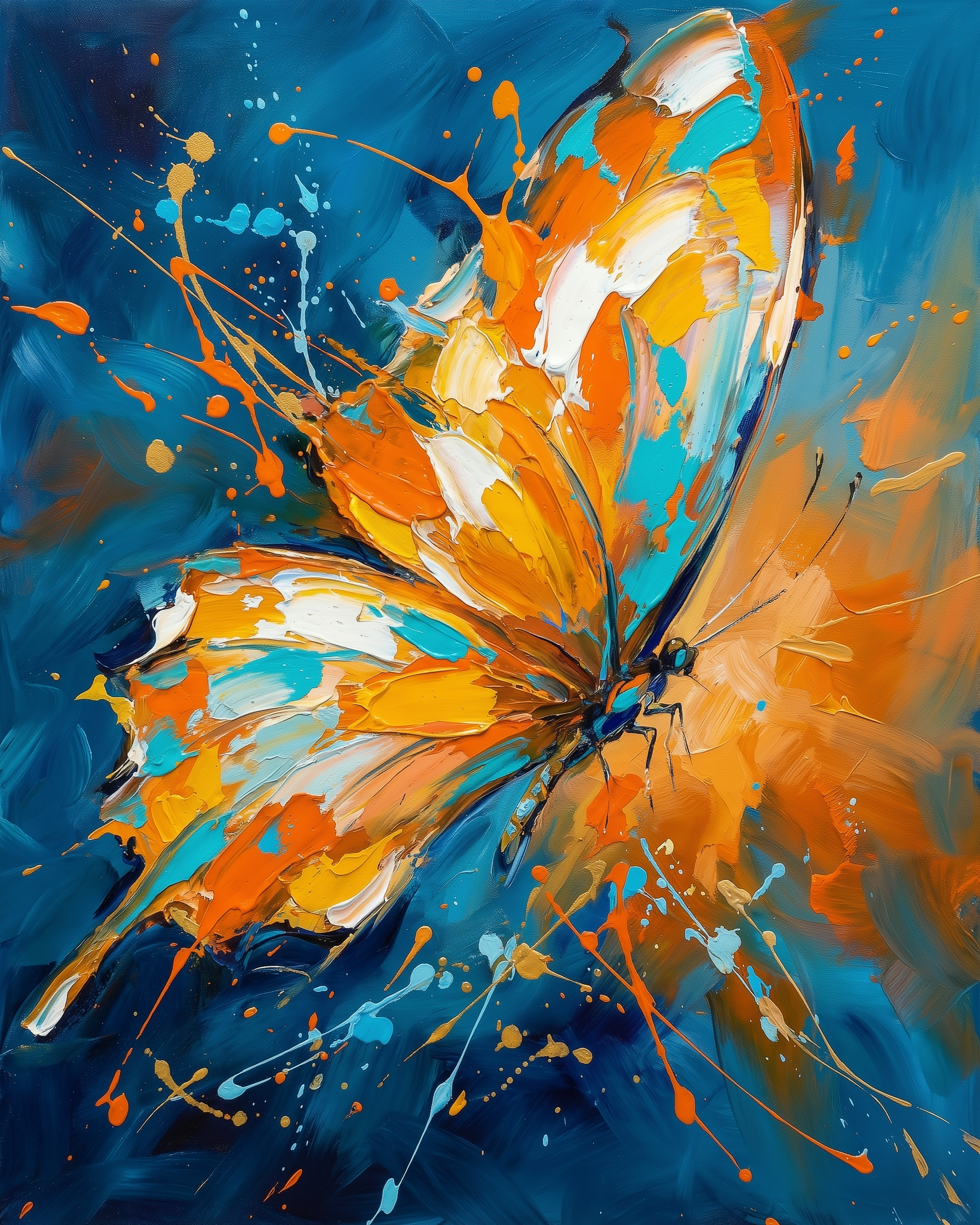 Dynamic abstract painting of an orange and blue butterfly mid-flight with splatters of paint trailing its wings. Set against a deep blue background, this artwork bursts with energy and color.
