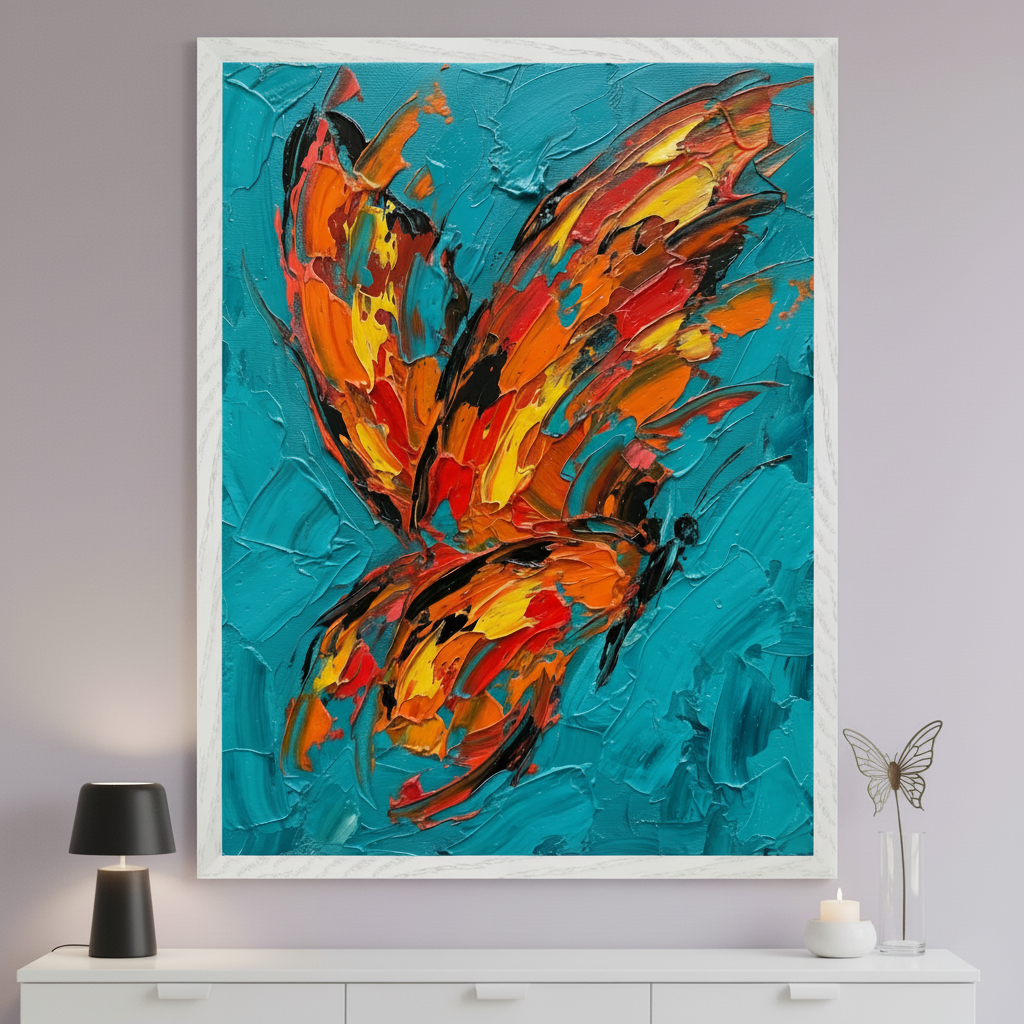 Modern room with a white dresser. A large white-framed palette knife painting of a vibrant butterfly with orange, red, and yellow wings on a teal background hangs above the dresser. A black lamp and a white candle are on the dresser.
