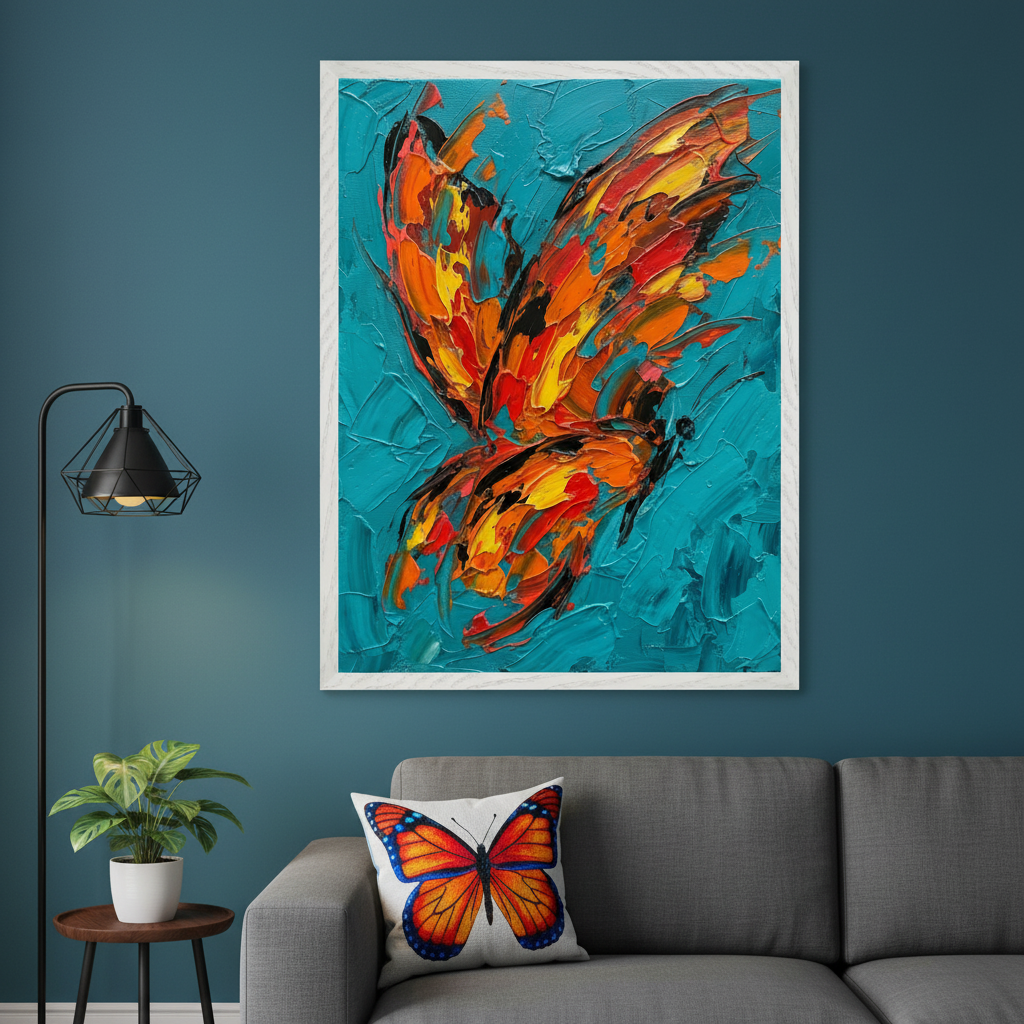 Modern living room with a grey sofa and a black floor lamp. A large framed, textured painting of an orange, red, and yellow butterfly on a blue background hangs above the sofa. A butterfly throw pillow is on the sofa.