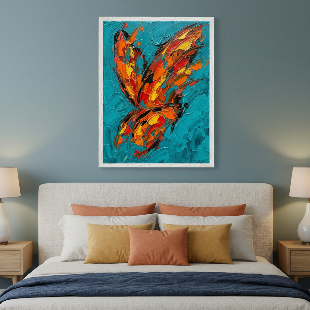 Modern bedroom with a beige upholstered bed, two nightstands, and white lamps. A large framed impasto painting of an abstract orange and red butterfly on a textured teal background hangs centered above the bed.