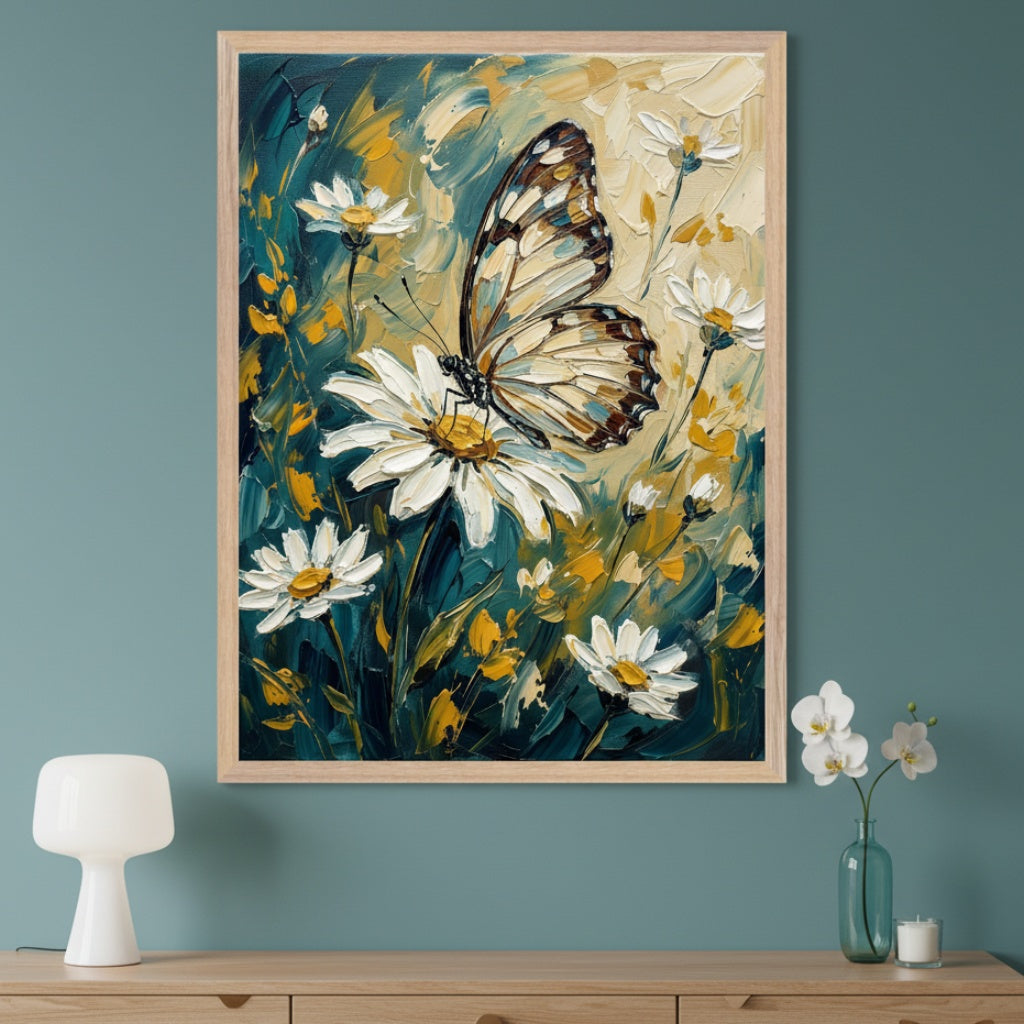 Modern room with a light wood dresser. A large framed impasto painting of a beige butterfly on a white daisy with a yellow center, surrounded by other white daisies and yellow foliage on a teal and yellow background, hangs above the dresser. A white lamp, orchids in a vase, and a candle are on the dresser.
