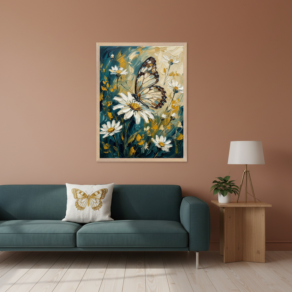 Living room with a dark teal sofa and a light wooden side table. Above the sofa hangs a framed impasto oil painting of a white butterfly on a white daisy with green and yellow foliage. A white throw pillow with a gold butterfly rests on the sofa.