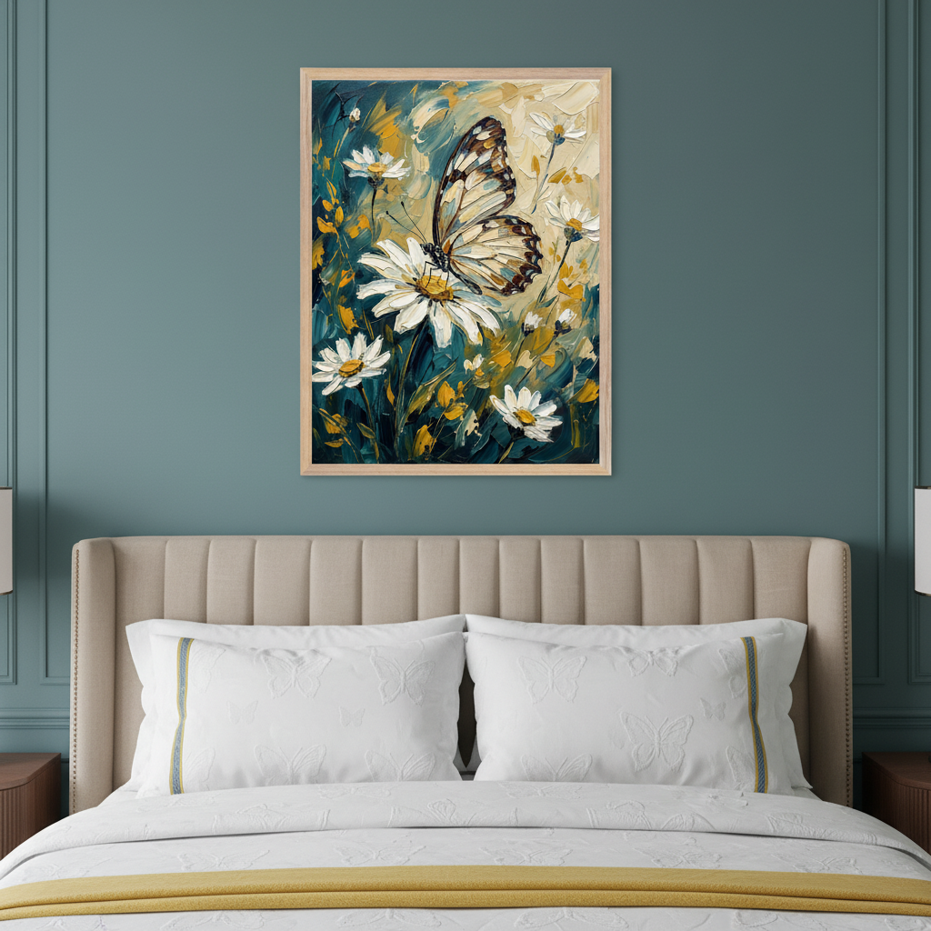 Bedroom with a beige upholstered bed against a teal wall. A framed impasto oil painting of a brown and white butterfly on a white daisy with yellow and teal background hangs centered above the bed.