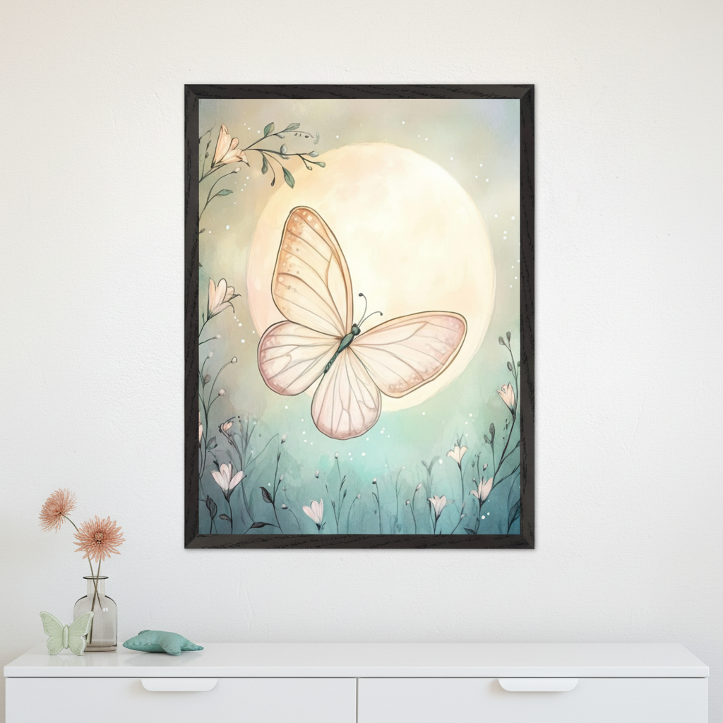 Modern room with a white dresser. A framed watercolor painting of a pale butterfly flying before a large, pale moon in a blue-green floral landscape hangs above the dresser. A vase with flowers and decorative butterflies sit on the dresser.
