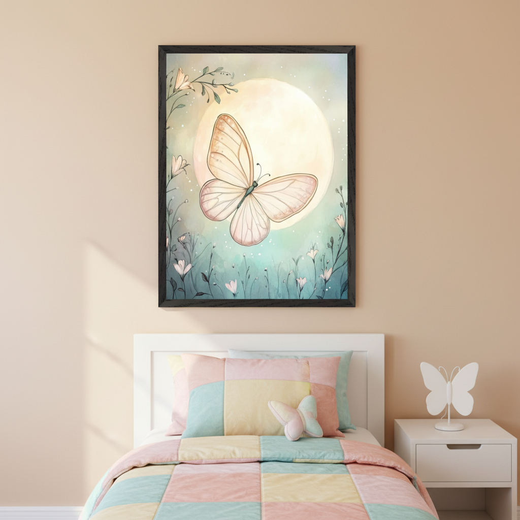 Kid's bedroom with a white bed, pastel patchwork bedding, and a white nightstand. Black-framed watercolor art of a large butterfly flying before a full moon among flowers hangs centered above the bed. A white butterfly sculpture sits on the nightstand.
