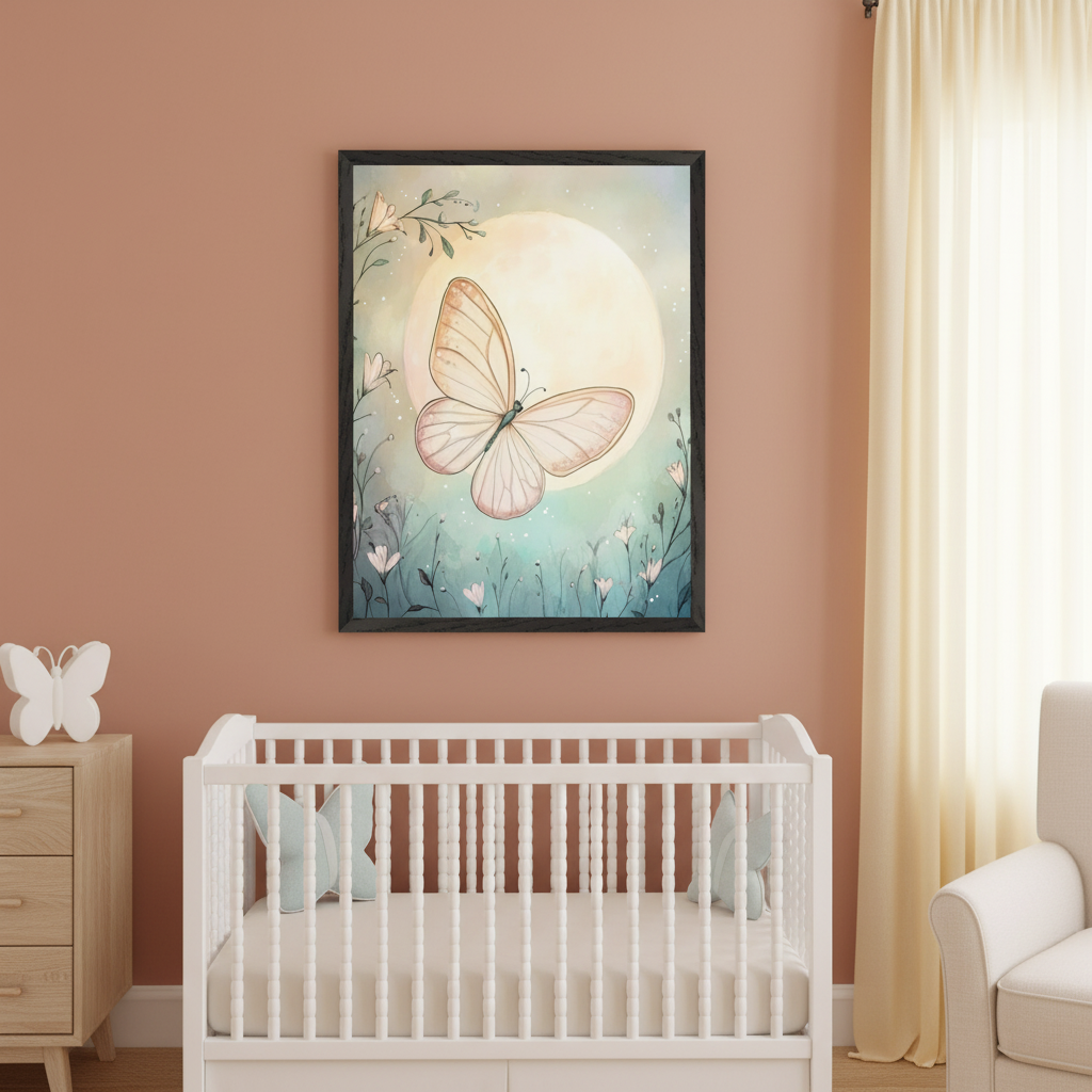 Nursery with a peach wall, white crib, and wooden dresser. Above the crib hangs a black-framed watercolor of a light butterfly before a full moon, surrounded by flowers. A white armchair is right.