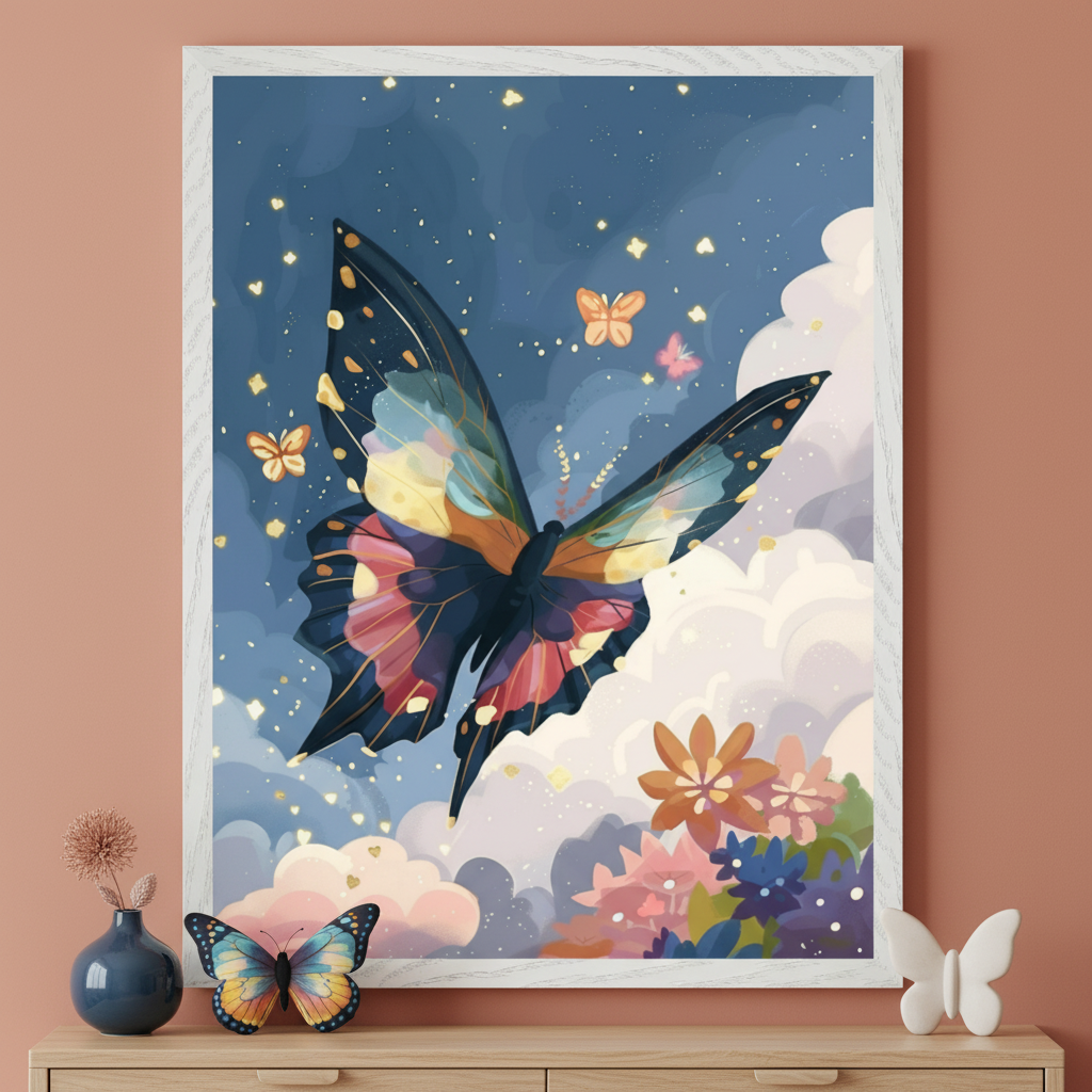 Framed illustration of a large, colorful butterfly with rainbow-toned wings soaring against a dreamy night sky filled with stars and pastel clouds. Smaller butterflies flutter in the background, and vibrant flowers bloom at the bottom, adding whimsy and warmth to the scene.
