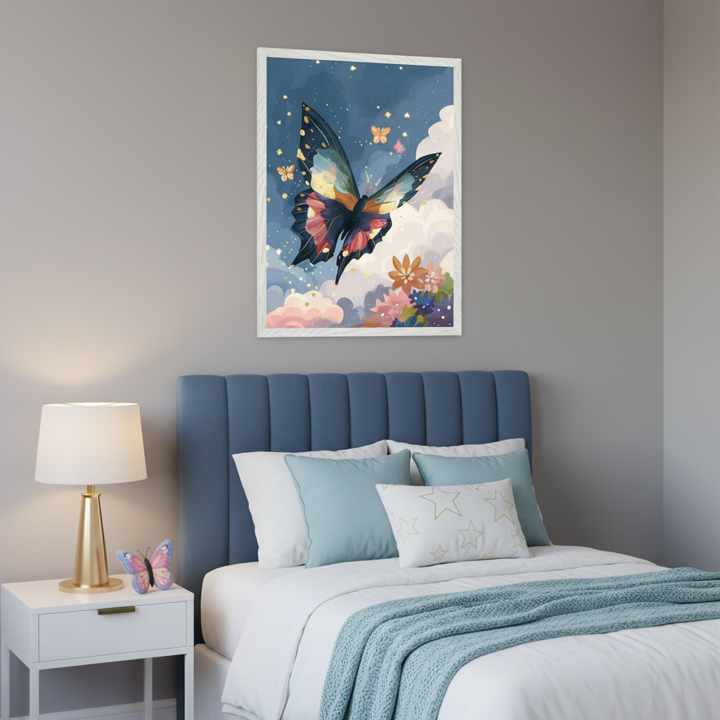 Kid's bedroom with a blue upholstered bed and white nightstand. Illustrative wall art of a colorful butterfly flying among clouds, stars, and flowers in a dark blue sky hangs above the bed.