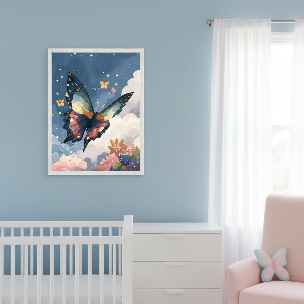 Modern nursery with blue walls, white curtains, white crib, and white dresser. A pink armchair with a butterfly cushion sits by the window. Above the dresser, a framed print shows a colorful butterfly flying through a dark, starry sky with clouds and flowers.