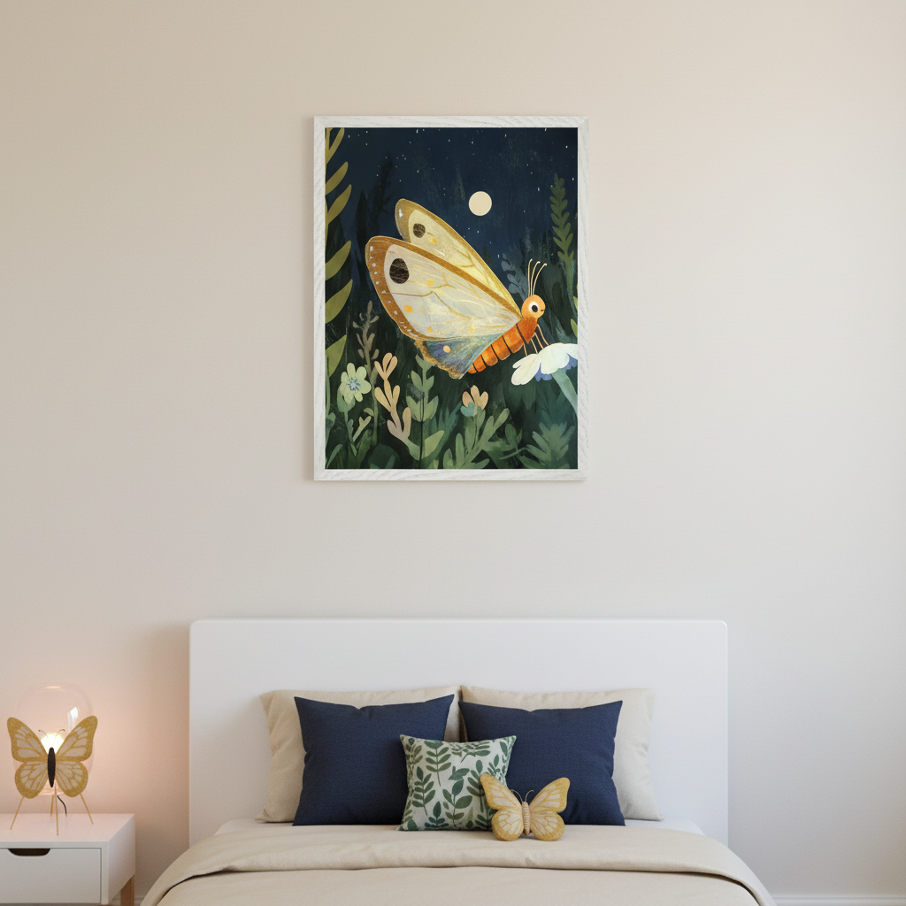 Modern bedroom with a white headboard bed and white nightstand. A framed illustration of a yellow butterfly on a flower under a moonlit sky with green plants hangs centered above the bed.
