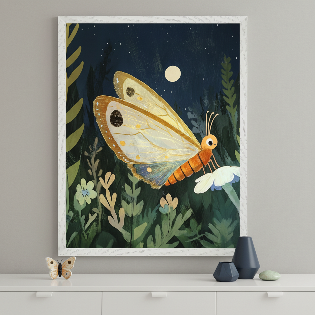 A modern room with a light gray wall features a framed illustration of a butterfly with translucent wings, perched on a white flower under a night sky with a glowing moon. The artwork is surrounded by green plants and soft, subtle stars. Below the artwork, a white shelf displays a small decorative butterfly figurine and a set of blue and green vases, one of which is triangular, with a smooth stone placed on the shelf.