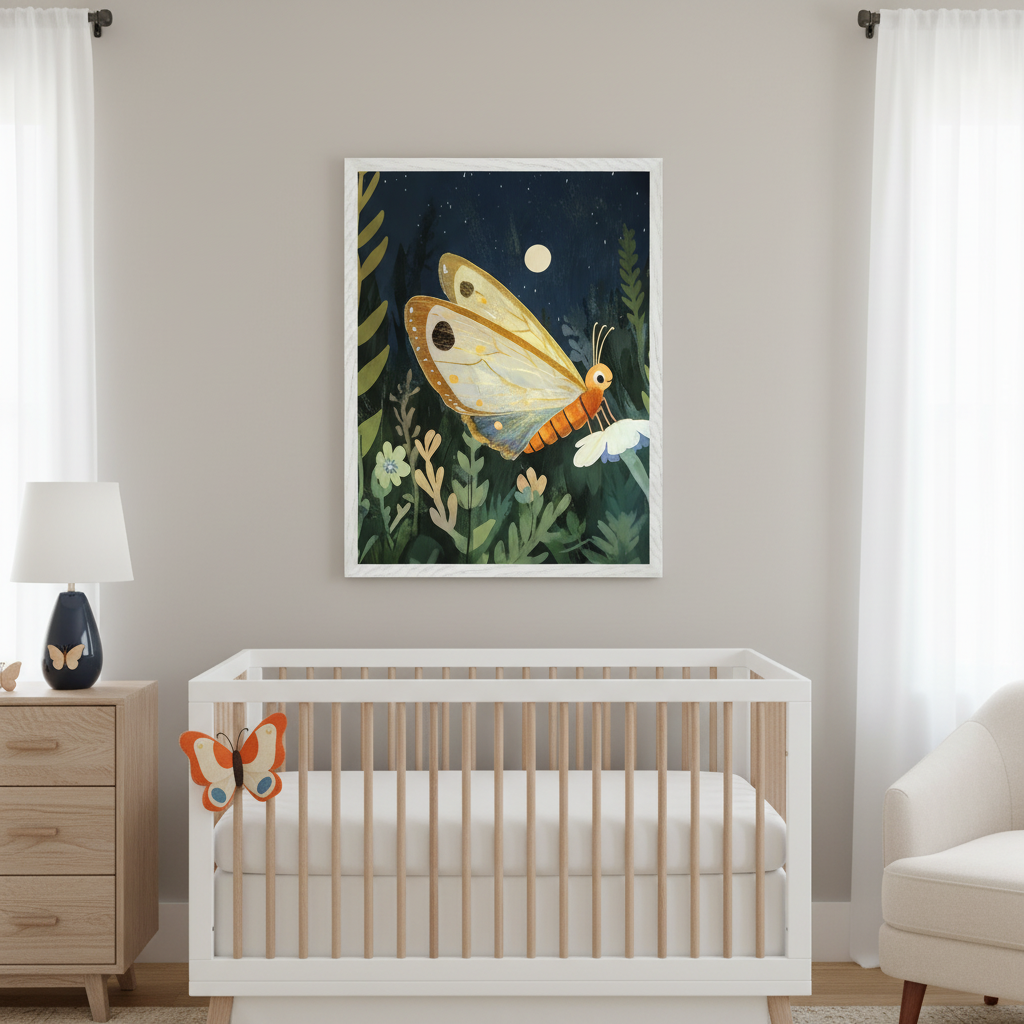 Modern nursery with a white crib and wood dresser. A large framed print of an illustrative orange and yellow butterfly on a flower in a nighttime garden scene hangs centered above the crib.