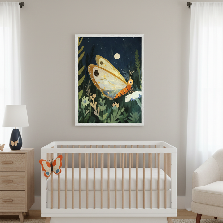 Modern nursery with a white crib and wood dresser. A large framed print of an illustrative orange and yellow butterfly on a flower in a nighttime garden scene hangs centered above the crib.