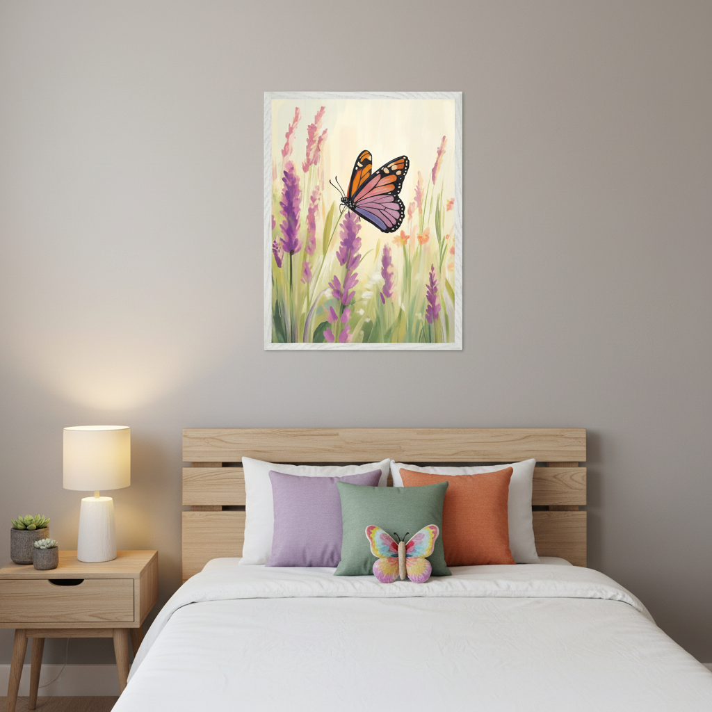Modern bedroom with a wooden bed, white bedding, and colorful pillows. A light wood nightstand with a white lamp is on the left. A framed painting of an orange and pink butterfly on purple lavender flowers hangs centered above the bed.