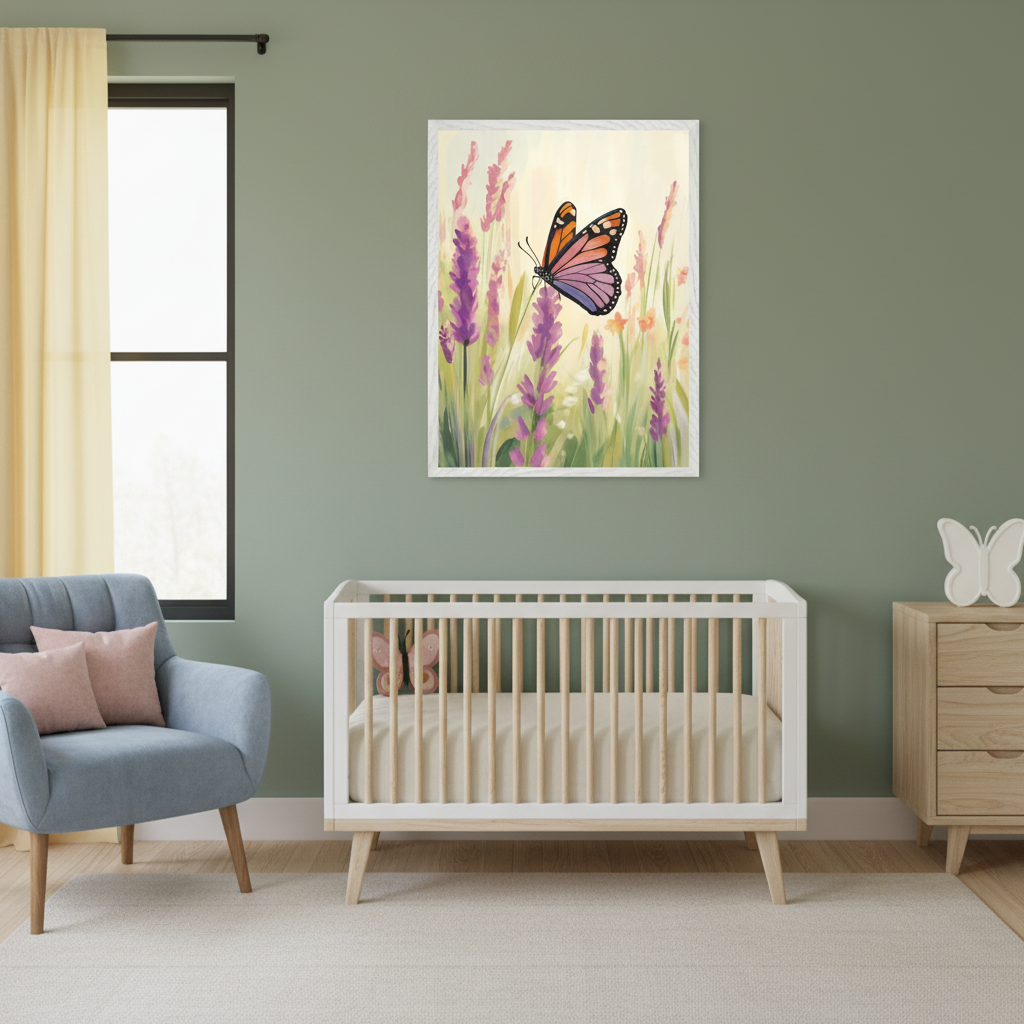 Modern nursery with sage green walls. A framed painting of an orange and purple butterfly on lavender flowers hangs above a white and wood crib. A blue armchair and wood dresser are also visible.