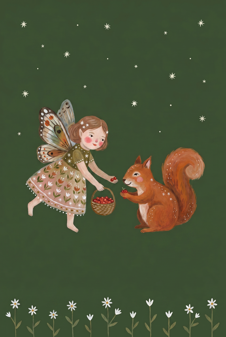 A girl with butterfly wings feeds a red squirrel berries in this butterfly wing squirrel fairies wall art under stars.