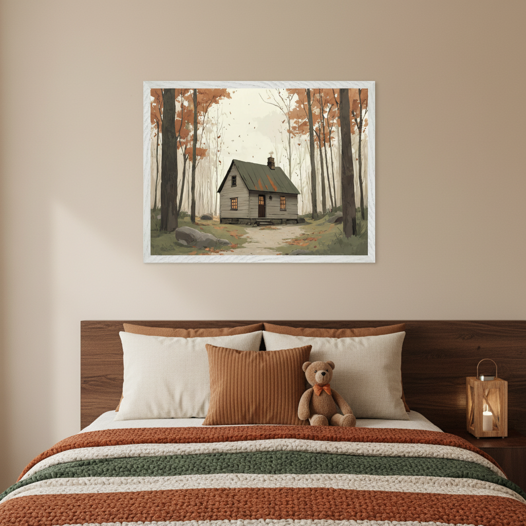 Bedroom with a wooden bed, neutral pillows, and a striped knitted blanket. A framed illustration of a rustic cabin in an autumn forest hangs centered above the bed.