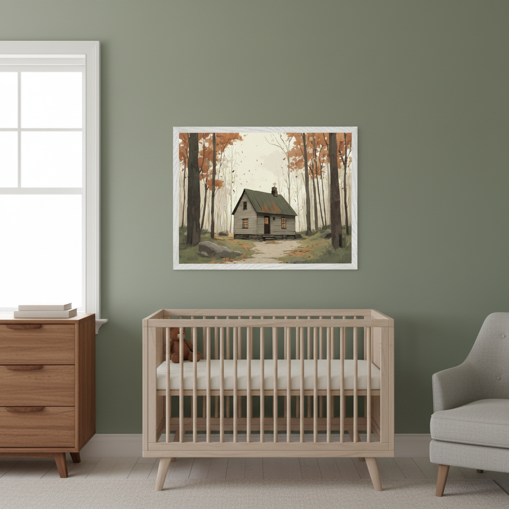 Modern nursery with a light wood crib, dresser, and gray armchair. A large framed painting of a rustic cabin in an autumn forest with falling leaves hangs on the green wall above the crib.